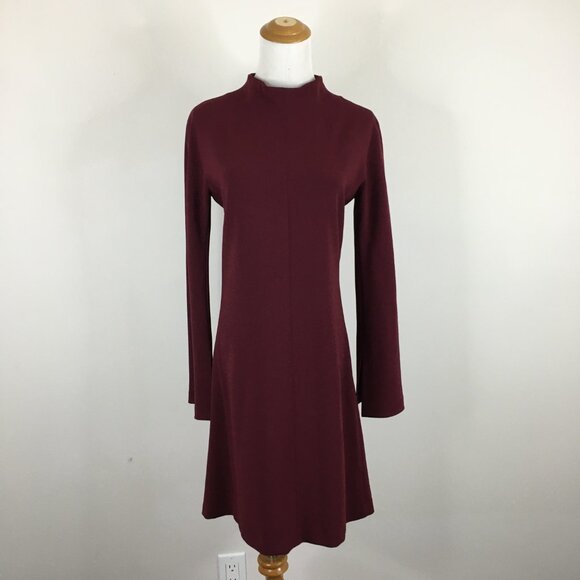 THEORY Red Wine/Berry Mock Neck Long Sleeve Slit Cuff Dress - Picture 4 of 9